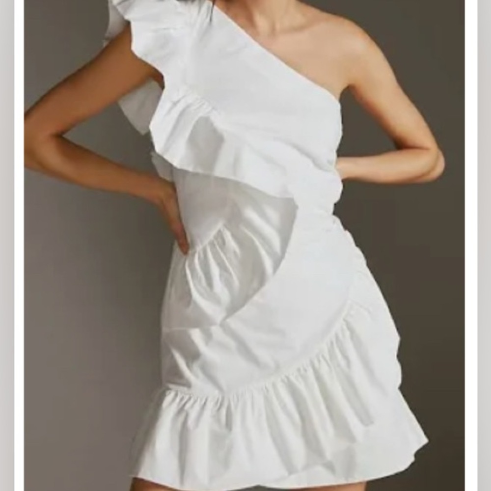 Maeve White One-Shoulder Ruffle Dress